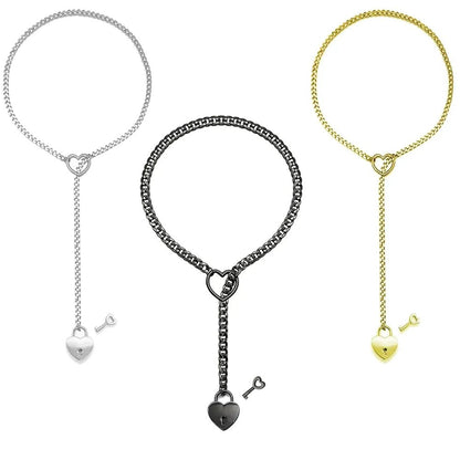Adjustable Heart O - Ring Punk Rock Cuban Chain Necklace – Lariat Y - Style Necklace with Key & Heart Lock Pendant - My Store