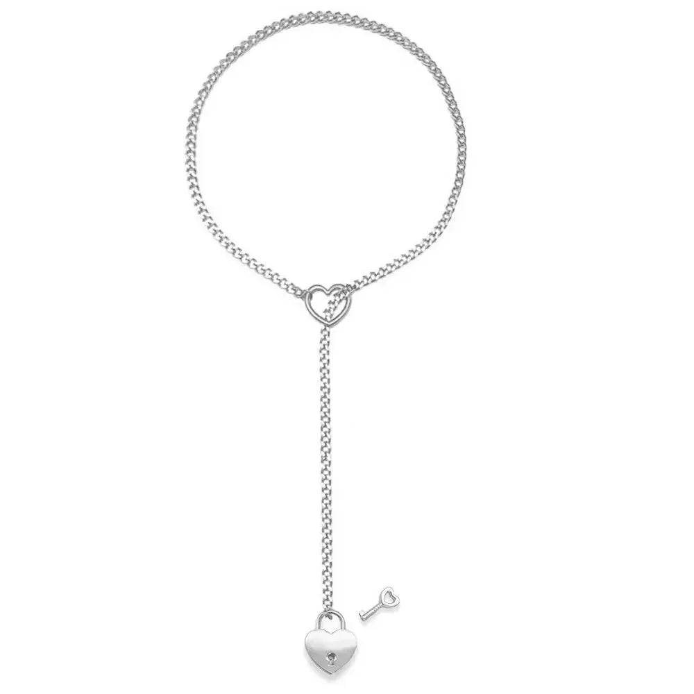 Adjustable Heart O - Ring Punk Rock Cuban Chain Necklace – Lariat Y - Style Necklace with Key & Heart Lock Pendant - My Store