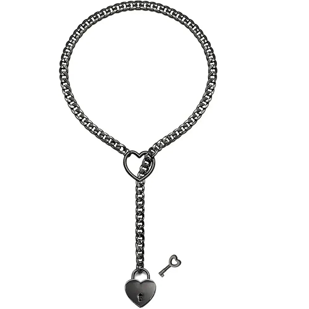 Adjustable Heart O - Ring Punk Rock Cuban Chain Necklace – Lariat Y - Style Necklace with Key & Heart Lock Pendant - My Store